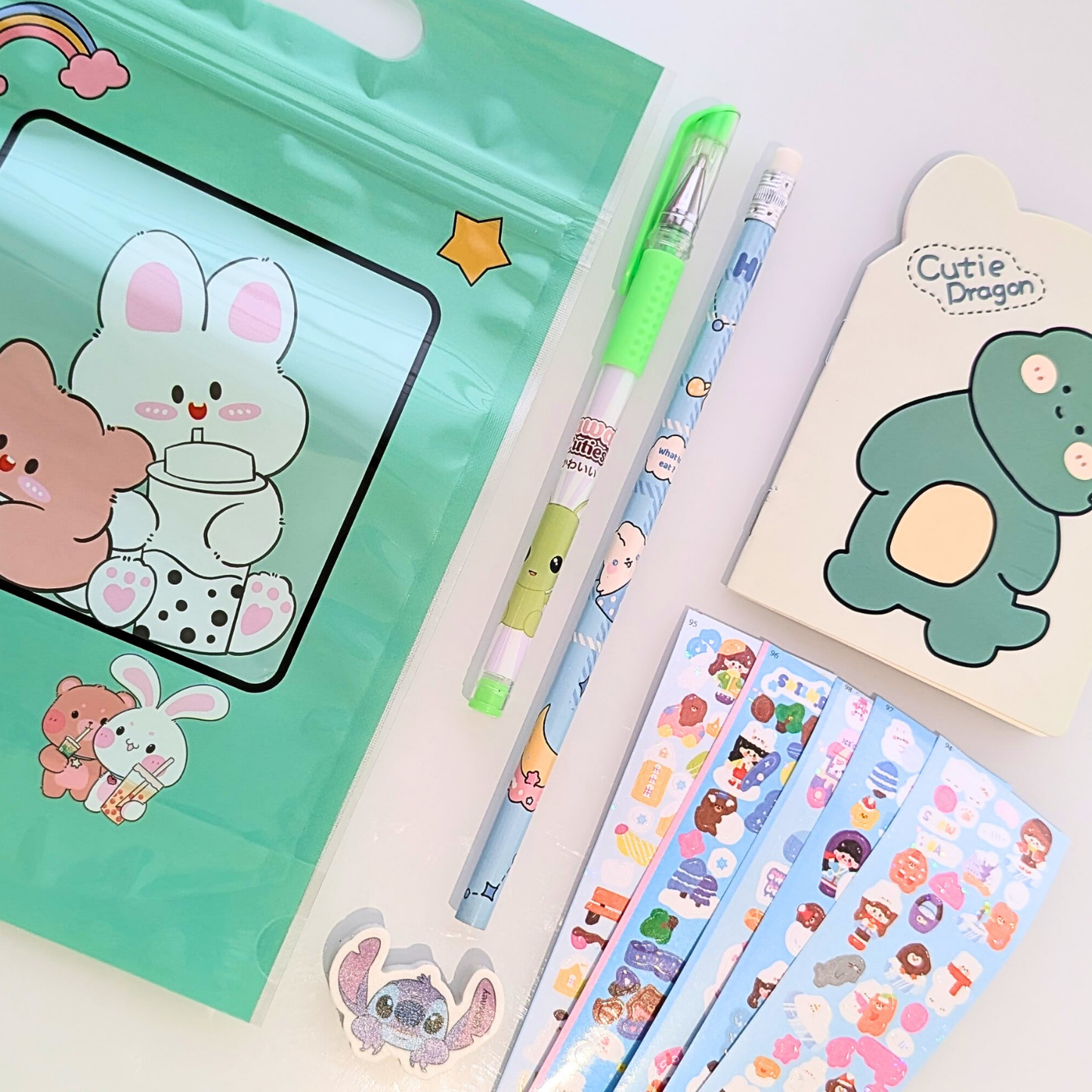 Pochette surprise kawaii vert bleu, crayon, stylo, Stickers, autocollants, gomme