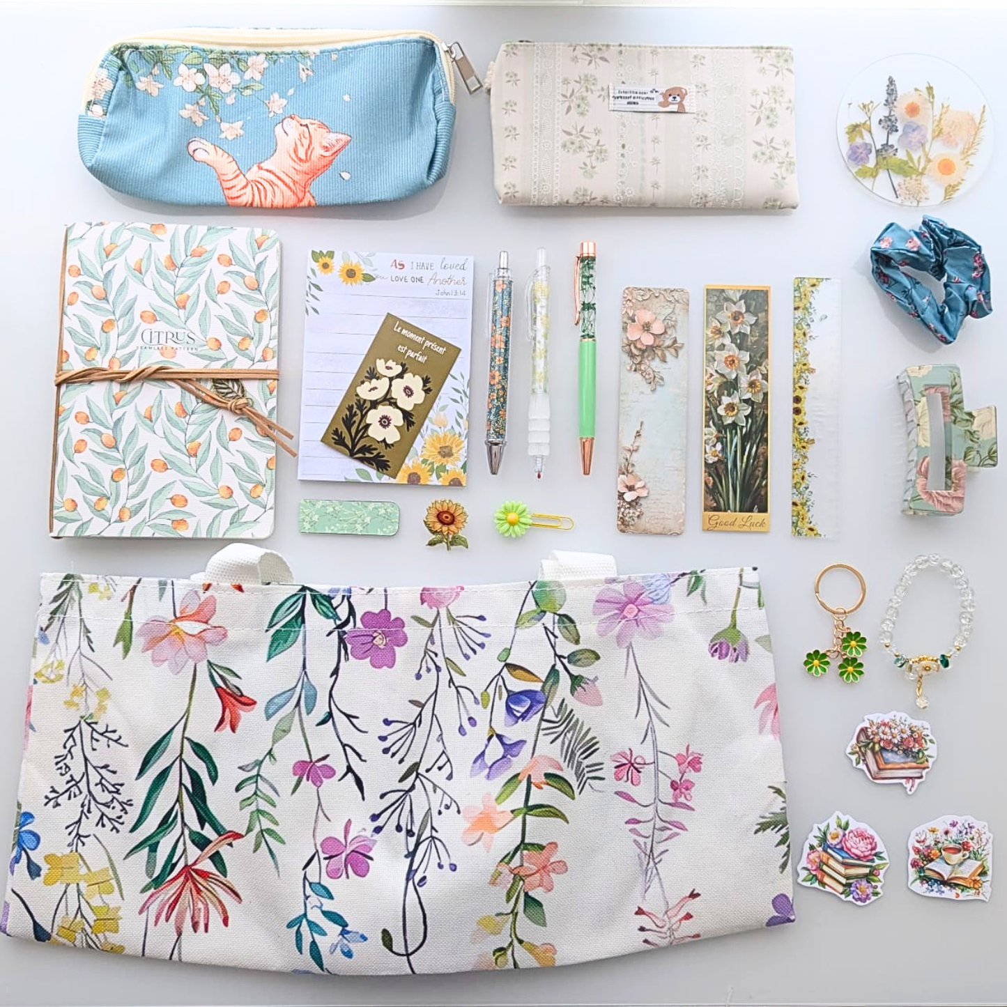Box coffret floral papeterie vert jaune violet bleu