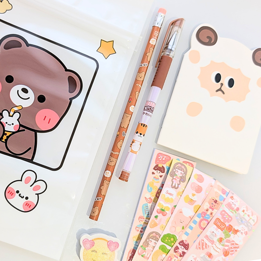 Pochette surprise kawaii, crayon, stylo, stickers, autocollants, carnet, gomme