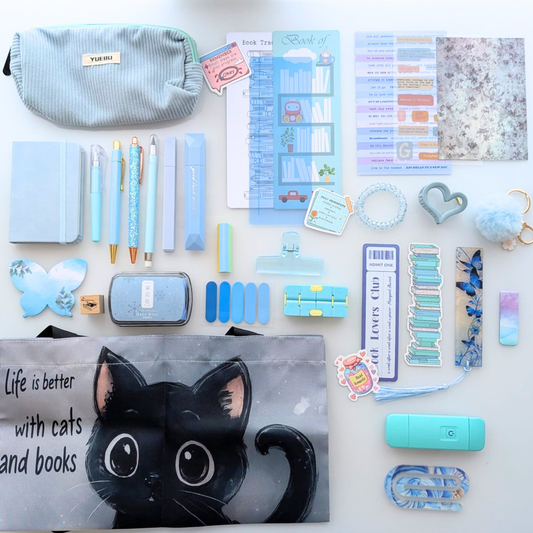 Box livresque, coffret bleu, kit de lecture, trousse, stylos, tote bag, marque-pages, carnet, lampe de lecture, porte-clés, scrapbooking, stickers