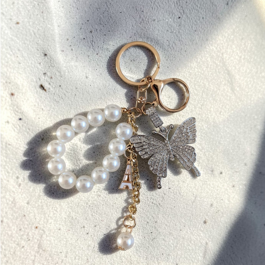 Porte-clés papillon blanc et strass