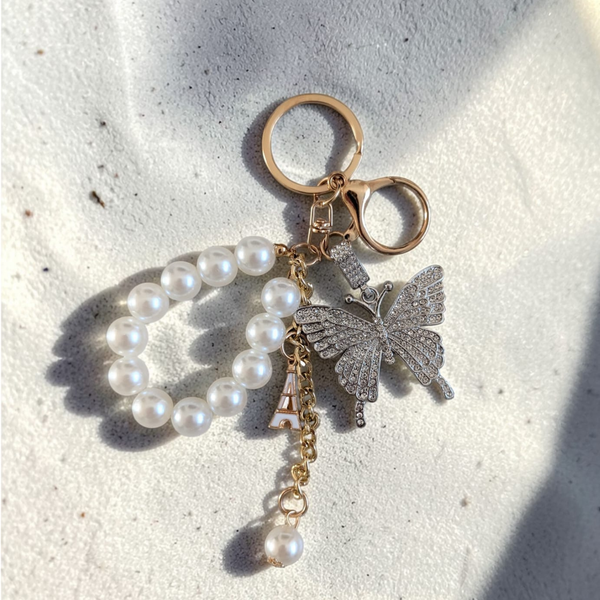 Porte-clés papillon blanc et strass